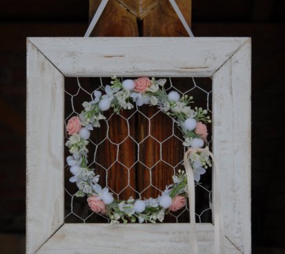 Celoroční dekorace...romantický věneček v dřevěném rámečku